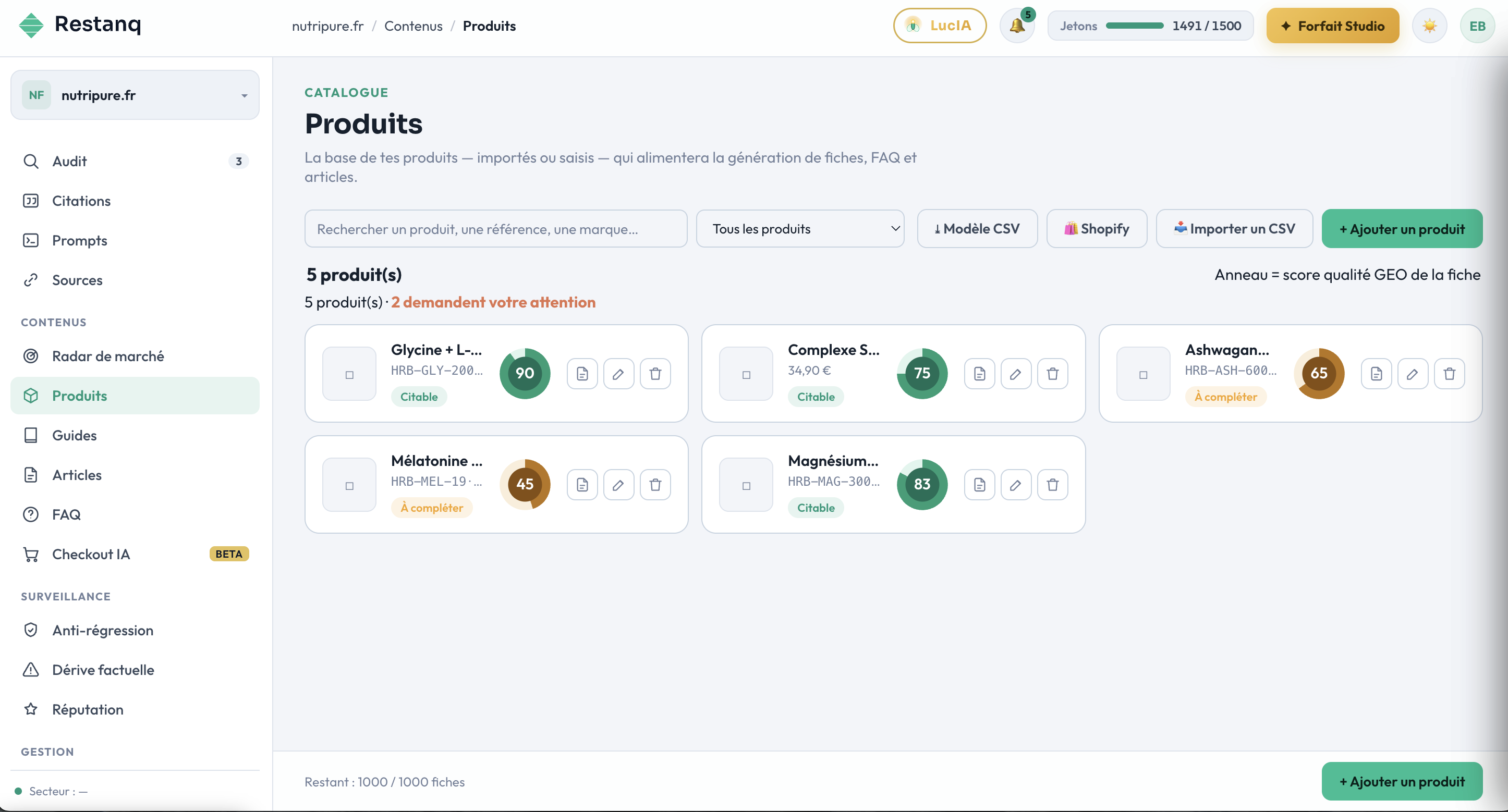 L'application Restanq — catalogue produits avec score GEO par fiche
